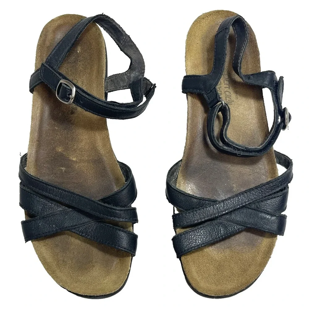 Naot Patricia Flat Sandals Black Leather Womens 8.5 EU 39 - Picture 1 of 7